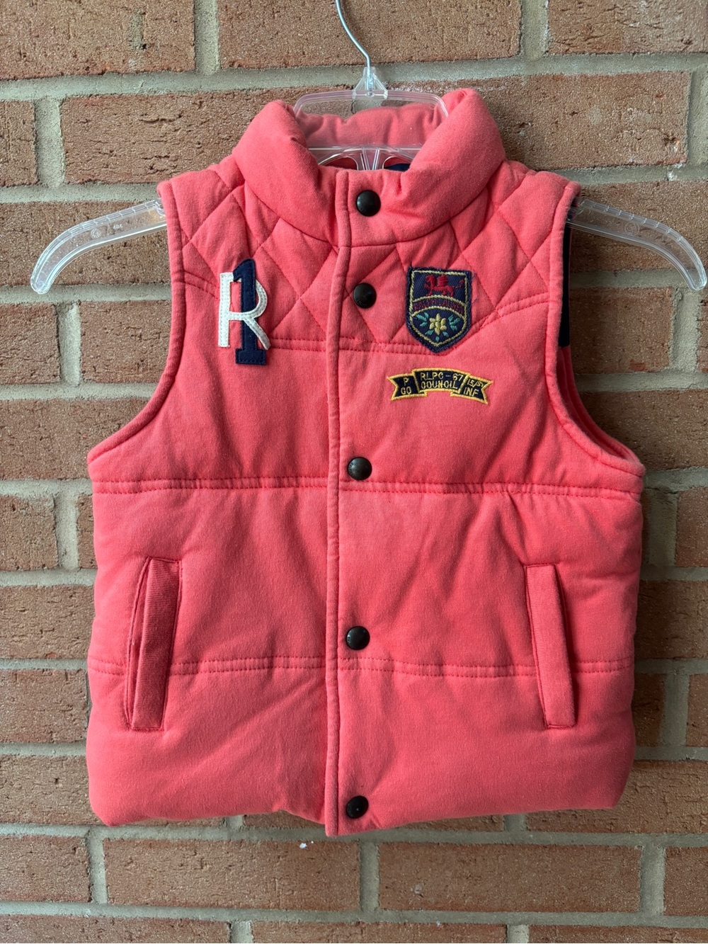 Ralph Lauren Girls 6X Quilted Vest Coral Navy Equestrian Crest Preppy